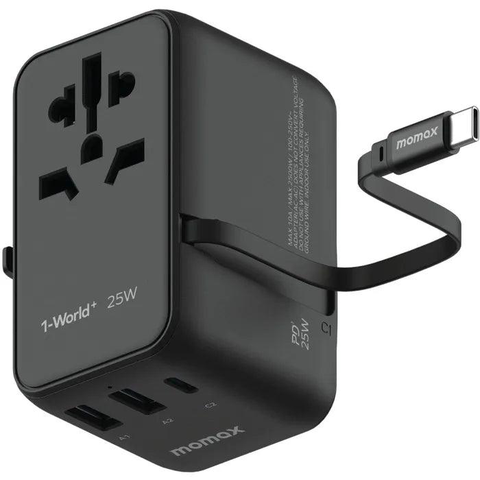 MOMAX 1-WORLD 25W 3 PORT WITH BUILT-IN USB-C CABLE AC TRAVEL ADAPTOR - Go Banana