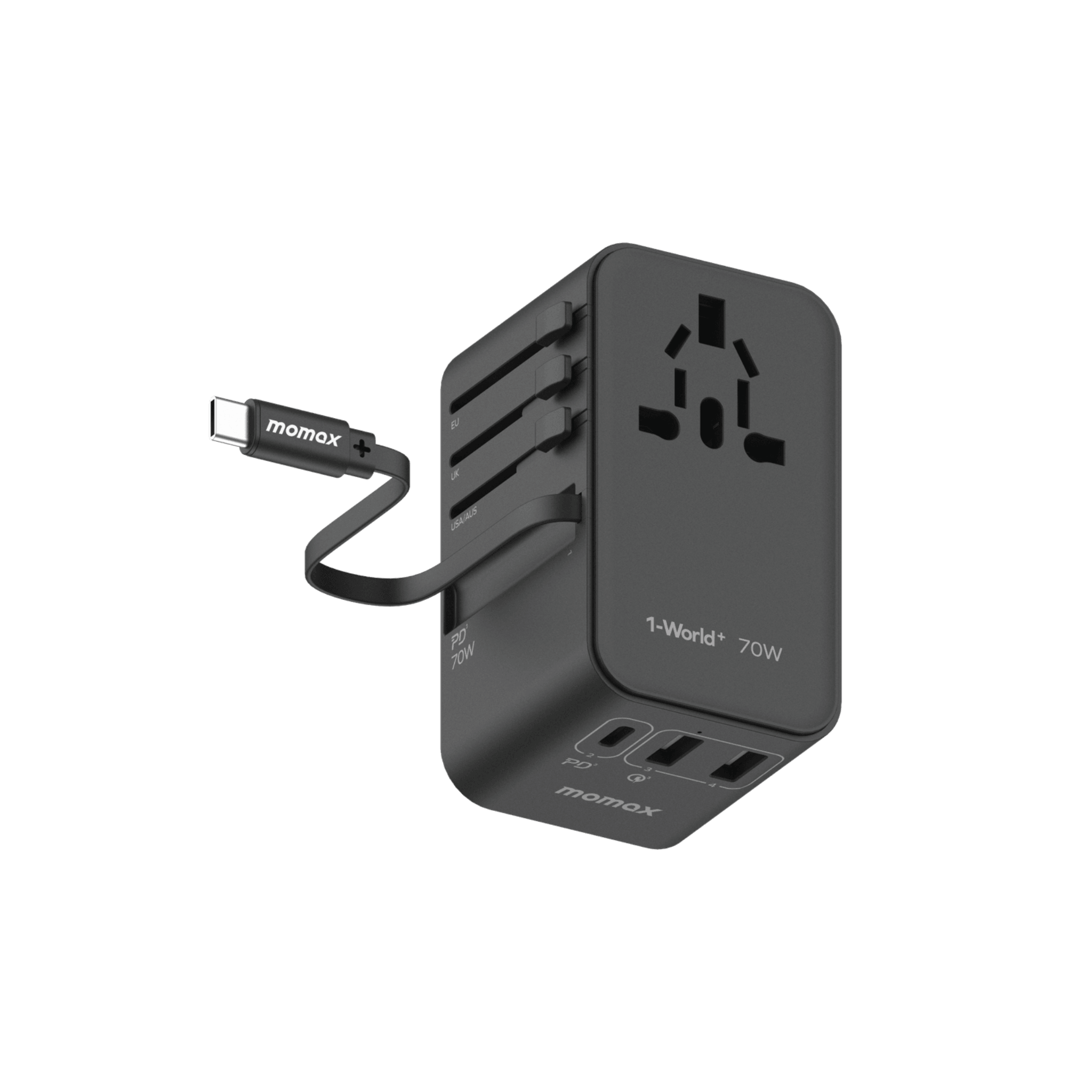 MOMAX 1-WORLD 70W GAN 3 PORT WITH BUILT-IN USB-C CABLE AC TRAVEL ADAPTOR - Go Banana